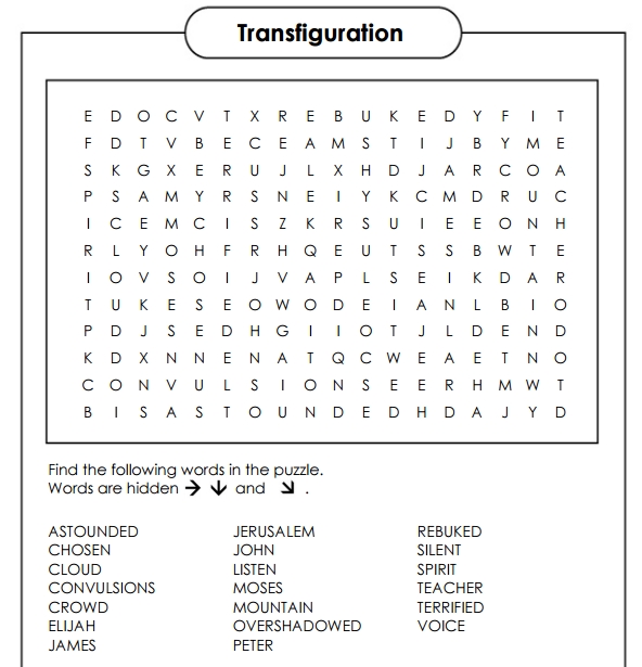 Transfiguration word search puzzle
